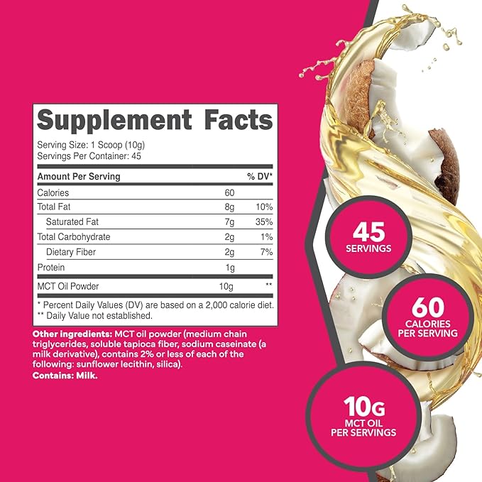 Ketologic MCT Oil Powder (1 LB) (Unflavored) - 45 Servings, Medium Chain Triglycerides Powder Supplement