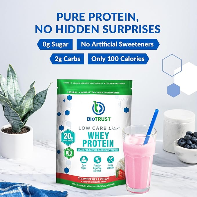 BioTrust Low Carb Lite, 20 Grams of Grass-Fed Whey Protein Isolate, 100 Calories, ProHydrolase Digestive Enzymes, Non-GMO, Free from Soy and Gluten, rBGH-Free (14 Servings) (Strawberries and Cream)