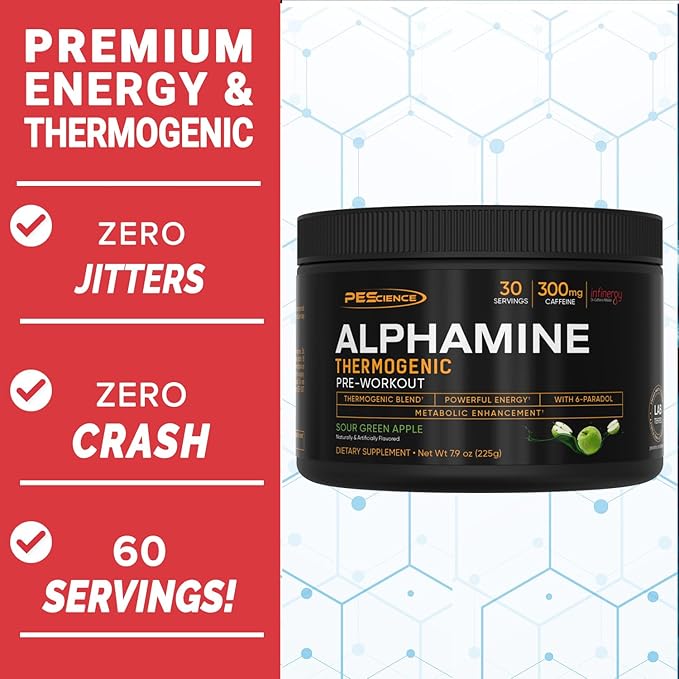 PEScience Alphamine, Sour Green Apple, 60 Scoops, Thermogenic Energy Powder with L-Carnitine