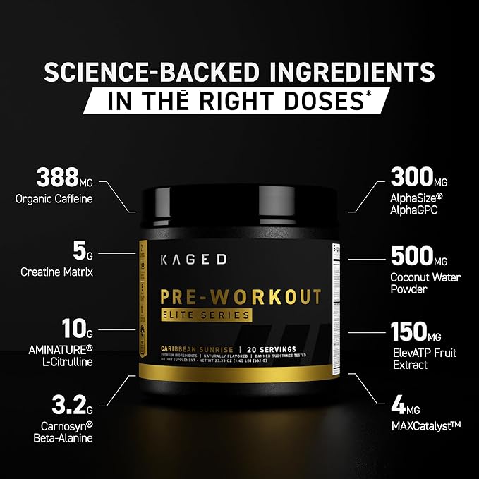 Kaged Pre Workout Powder Pre-Workout Elite for Men & Women, High Stimulant for Energy, Focus, Pumps, L-Citrulline, Beta Alanine, Creatine & 388mg of Organic Caffeine, Fruit Punch