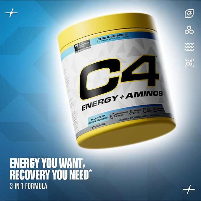 Cellucor C4 Energy + Aminos Powder | 5g BCAAs & EAAs for Muscle Recovery, 3 Electrolytes for Hydration, 100mg Natural Caffeine | Pre Workout | Zero Sugar, 30 Servings, Blue Raspberry