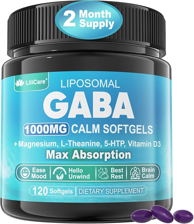 GABA Supplement - 1000 mg Liposomal Form for Optimal Absorption,GABA with L-Theanine, Magnesium Glycinate, 5HTP, Vitamin D3 for Brain Calm, Mood, Zzz Better - Melatonin-Free 120 Softgels.