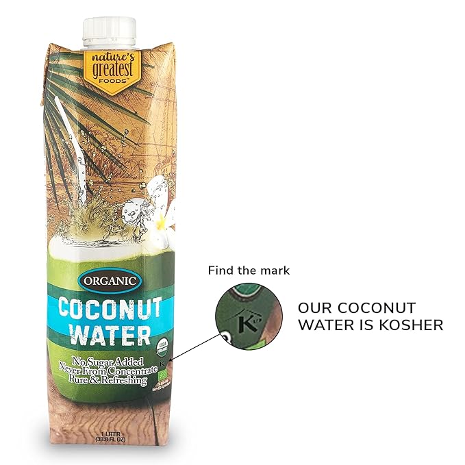 Nature's Greatest Foods, Organic Coconut Water, USDA Organic Certified, No Sugar Added, Never from Concentrate, Pure & Refreshing, 33.8 fl oz (Pack of 6)