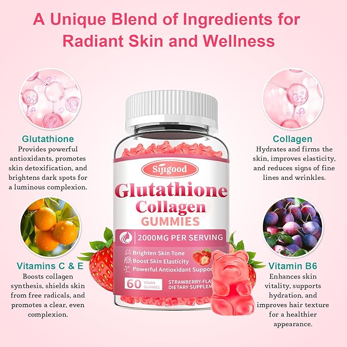 2 Pack Glutathione Collagen Gummies, Skin Brightening & Anti-Aging, Supports Hair, Skin & Nail Health, Glutathione Supplement for Women, Strawberry Flavor, 120 Count