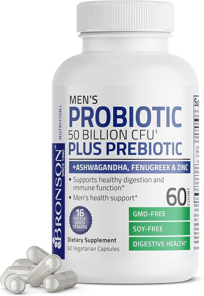 Bronson Men's Probiotic 50 Billion CFU Plus Prebiotic with Ashwagandha, Fenugreek & Zinc, Supports Healthy Digestion & Immune Function Non-GMO, 60 Vegetarian Capsules