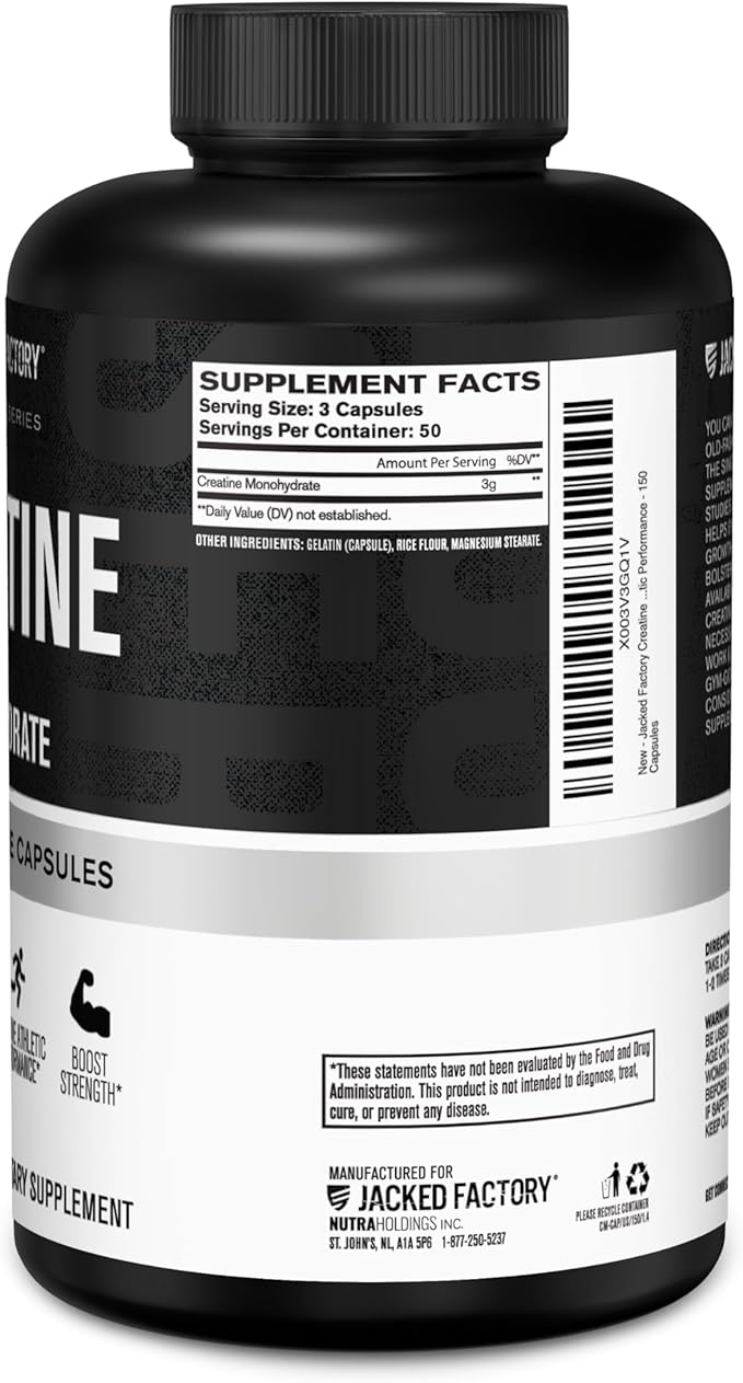 Jacked Factory Creatine Monohydrate Capsules - Creatine Pills for Muscle Growth, Increased Strength, Enhanced Energy Output and Improved Athletic Performance - 150 Capsules