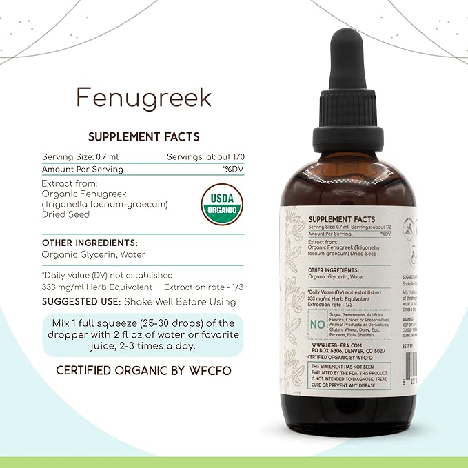 Fenugreek B120 Alcohol-Free Herbal Extract USDA Organic Tincture, Concentrated Liquid Drops Natural Fenugreek (Trigonella foenum-graecum) 4 fl oz