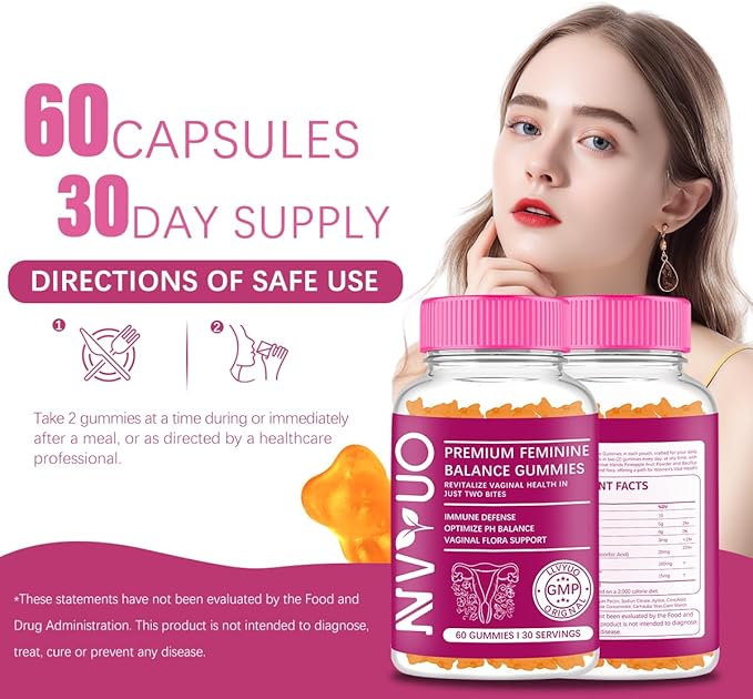 60 Feminine Vaginal Probiotics Gummies - 1 Billion CFUs Bacillus Coagulans + 100mg Pineapple Fruit Powder & Vitamin C for pH Balance, Vaginal Health, Immune Support | Vegan, Gluten-Free, USA Made