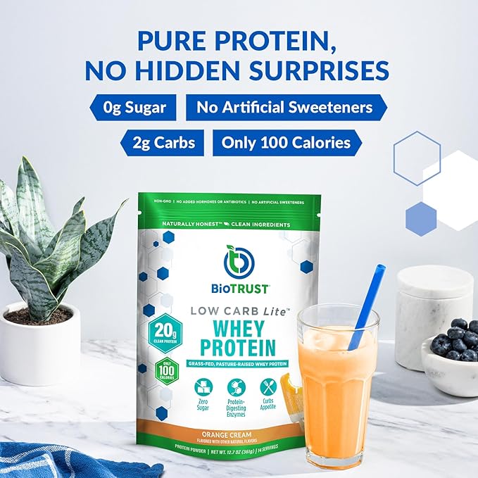 BioTrust Low Carb Lite, 20 Grams of Grass-Fed Whey Protein Isolate, 100 Calories, ProHydrolase Digestive Enzymes, Non-GMO, Free from Soy and Gluten, rBGH-Free (14 Servings) (Orange Cream)