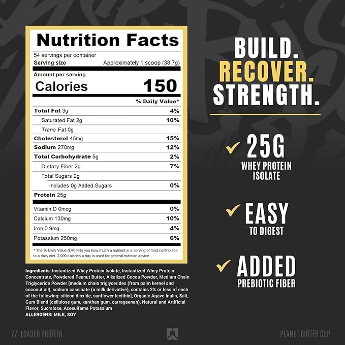 Ryse Loaded Protein Powder - Peanut Butter Cup - 25g Whey Protein Isolate & Concentrate with Prebiotic Fiber & MCTs - Low Carb, Low Sugar, Digestive-Friendly - 54 Servings / 4 lb Tub
