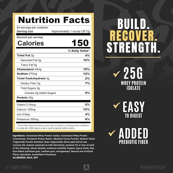 Ryse Loaded Protein Powder - Peanut Butter Cup - 25g Whey Protein Isolate & Concentrate with Prebiotic Fiber & MCTs - Low Carb, Low Sugar, Digestive-Friendly - 54 Servings / 4 lb Tub