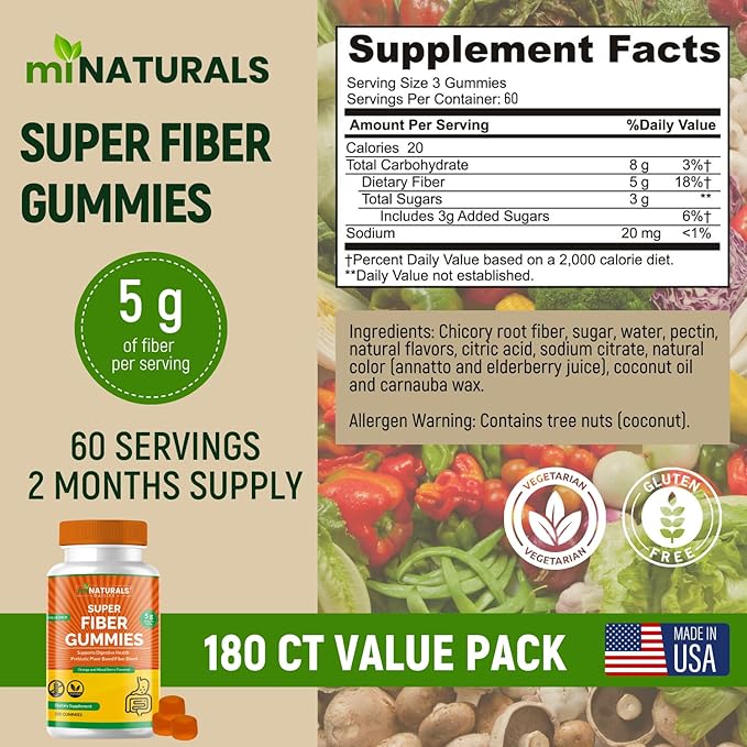 Prebiotic Fiber Supplement Gummies | Value Pack - 180 ct | 5 g per Gummy | Plant Based Digestive Gut Cleansing | Orange & Mixed Berry