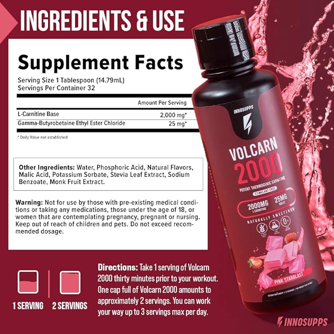 InnoSupps Volcarn 2000 - L-CARNITINE Advanced Energy Liquid | ATP Enhancer with GBEEC | Boosts Energy, Enhances Focus, Caffeine Free, No Artificial Sweeteners | 32 Servings (Sour Kids Candy)