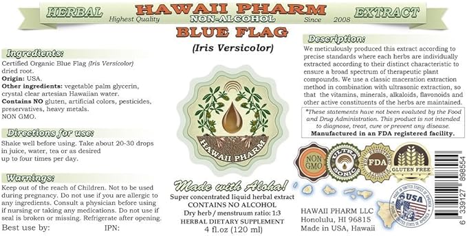 Blue Flag Alcohol-Free Liquid Extract, Organic Blue Flag (Iris versicolor) Dried Root Glycerite Hawaii Pharm Natural Herbal Supplement 15x4 oz