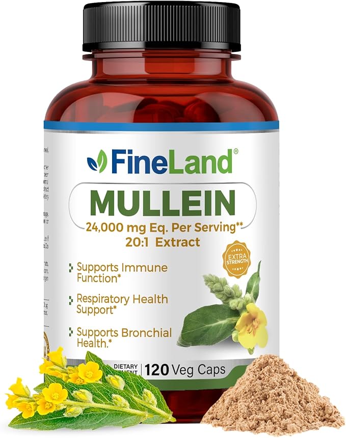 FineLand Mullein Leaf 20x Extract 24,000mg Eq. Per Serving, Max Strength Immune Support, Respiratory, Lung & Bronchial Support, Sinus, 120 Capsules, 2 Month Supply