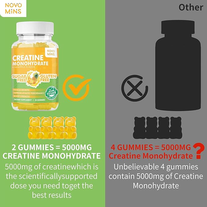 Creatine Monohydrate Gummies for Men & Women, Chewables Creatine Monohydrate for Muscle Strength, Muscle Builder, Energy Boost, Pre-Workout Supplement(90 Count)-Pineapple Flavor.