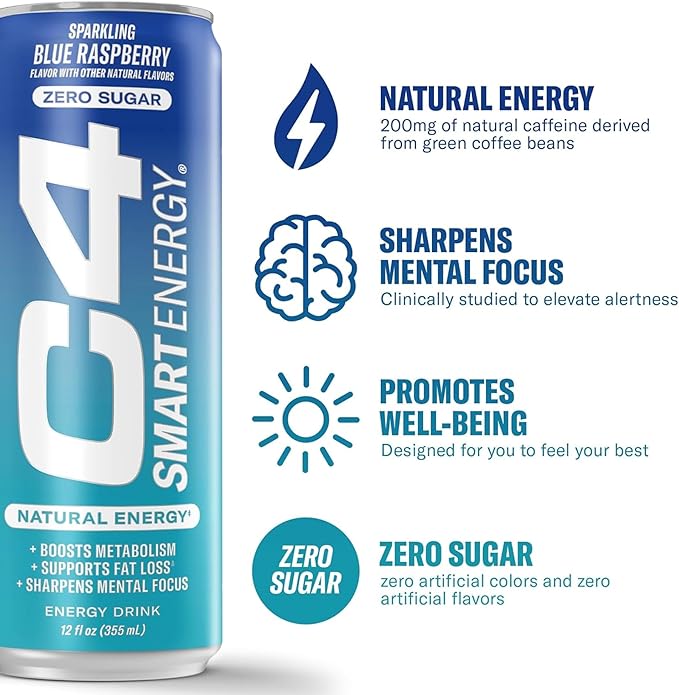 Cellucor C4 Smart Energy Drink ‚ Boost Focus and Energy with Zero Sugar, Natural Energy, and Nootropics - 200mg Caffeine - Blue Raspberry (12oz Pack of 12)