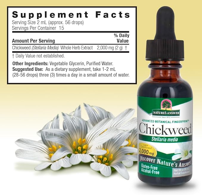 Nature's Answer Alcohol-Free Chickweed Stelleria Media 2000mg 1oz Extract | Herbal Supplement | Promotes Digestion | Non GMO, Kosher, Gluten Free, Vegan | Single Count