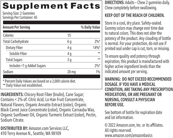 Amazon Basics (previously Solimo) Fiber 4g Gummy - Digestive Health, Supports Regularity, Orange, Lemon & Strawberry, 90 Gummies (2 per Serving)