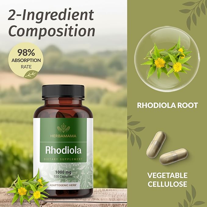 HERBAMAMA Rhodiola Rosea and Ashwagandha Kit - Bundle of 1000 mg Rhodiola Rosea Capsules &1500 mg Ashwagandha Root Capsules - Vegan, Non-GMO, Gelatin-Free - 2 Pack