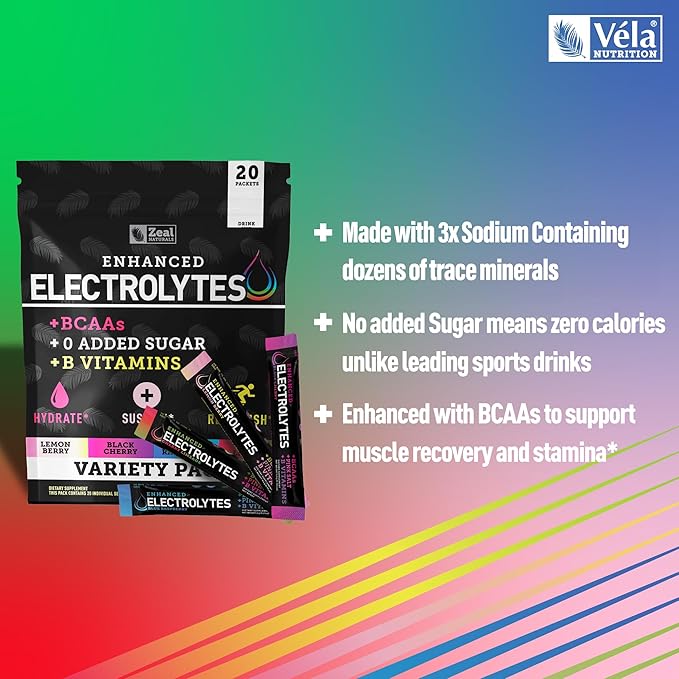 Enhanced Electrolyte Powder Stick Packs (Variety Pack - 20 Packets) w 0 Sugar +BCAAs +B-Vitamins Electrolyte Supplement w Potassium Zinc & Magnesium for Hydration - Keto Electrolytes