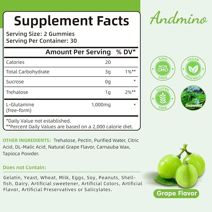 L-Glutamine Gummies 1000 mg, with Trehalose, L Glutamine Supplement Support Intestinal, Boost Immune & Muscle Health, for Adults & Kids, Non-GMO, Vegan, Gluten Free, Grape Flavor, 60