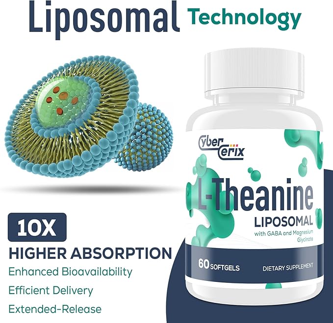 Liposomal L-Theanine 500mg, Complex with GABA 200mg & Magnesium 100mg, Extra Strength Supplement for Calm, Relaxation & Focus, Gluten Free - 60 Capsules