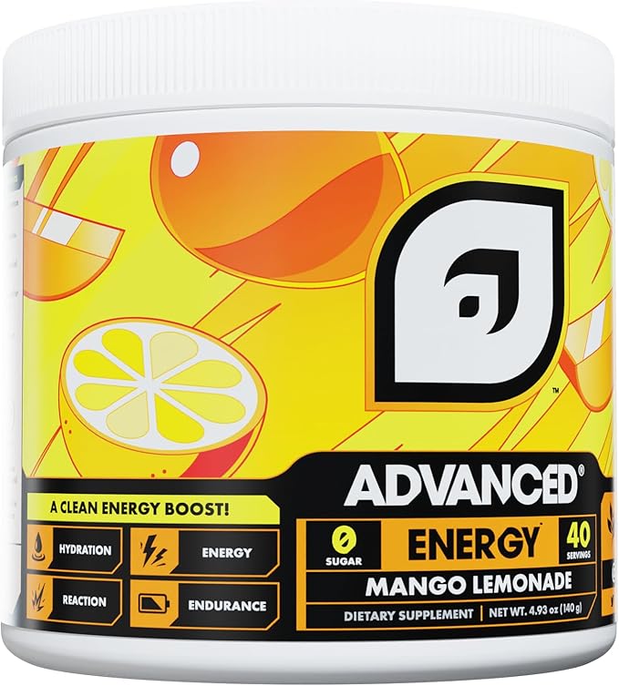 Advanced Energy - Energy Boosting Formula with Electrolytes for Hydration - L-Theanine to Combat Jitters - Sugar Free & Keto Friendly - No Maltodextrin (40 Servings) (Mango Lemonade)
