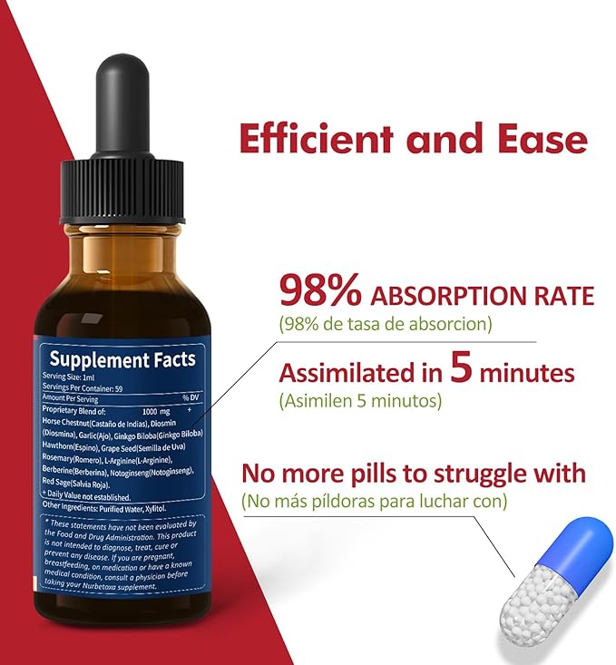 Blood Circulation Drops, Nitric Oxide Supplement for Blood Flow, Pressure & Heart Health W/Horse Chestnut Extract Liquid. Castaño de Indias y Diosmina para la Circulacion y Varices. 4 oz