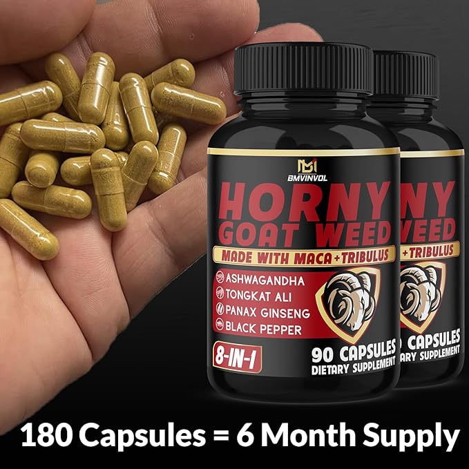 BMVINVOL 2Packs Horny Goat Weed Capsules - 180 Capsules for 6 Month Supply - Maca, Ginseng, Tribulus Terrestris, Ashwagandha