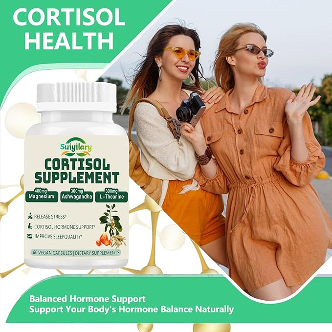 Cortisol Supplement for Women Men, Hormone Balance, Magnesium, Ashwagandha, Rhodiola, L-Theanine, Vitamin B6 & B12, Mood, Focus, Sleep Support, Vegan 60 Capsules