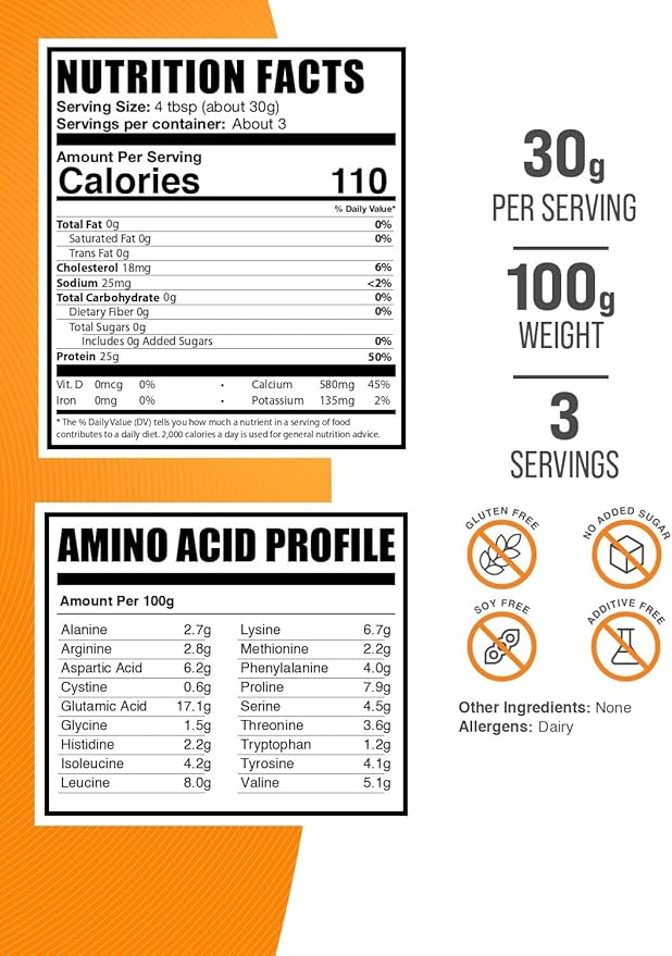 BulkSupplements.com Casein Protein Powder - Micellar Casein Powder, Slow Digesting Protein - Unflavored & Gluten Free, 30g per Serving, 100g (3.5 oz) (Pack of 1)