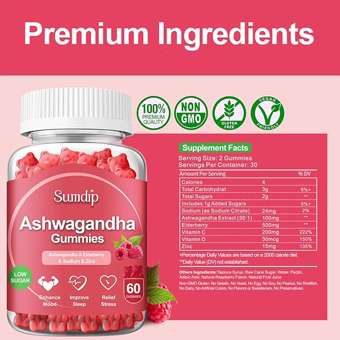 Ashwagandha Gummies for Women and Men, Ashwagandha Root Extract, Elderberry, Zinc, Vitamin C D Low Sugar- 2 Pcs