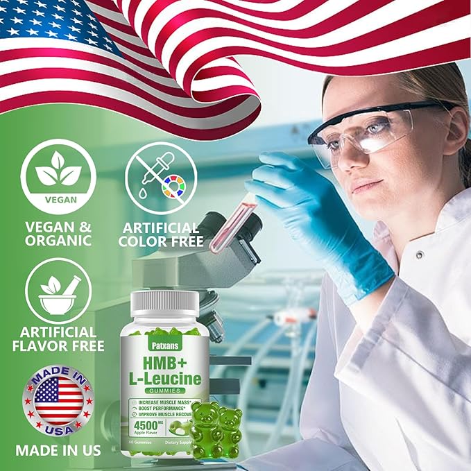 1 Pack HMB and L-Leucine Gummies, 4500mg, for Muscle Growth, Muscle Relief and Workout Recovery, for Men & Women, Non-GMO, Vegan, Gluten Free, Apple Flavor, 60 Count.