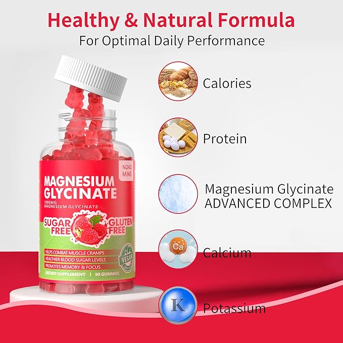 90 CT Magnesium Glycinate Gummies 1000mg - Sugar Free Magnesium Potassium Supplement with Vitamin D, B6, CoQ10 for Calm Mood & Sleep Support - 90 Raspberry Gummies