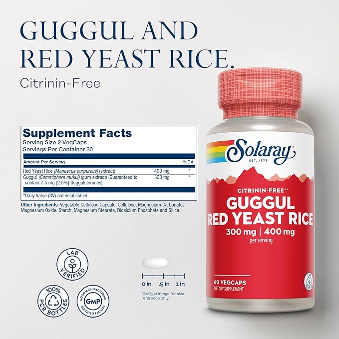SOLARAY Guggul Gum Extract & Red Yeast Rice | Healthy Cardiovascular Function Support | Ancient Chinese Medicine & Ayurvedic Medicine Combo | 60ct