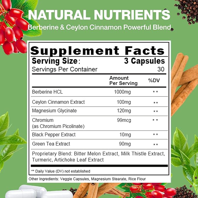 Berberine Supplement with Ceylon Cinnamon & Chromium Picolinate, 10-in-1 Berberine 1000mg Per Serving, Berberine 5X for Metabolism, Heart and Immune Support (90 Capsules)