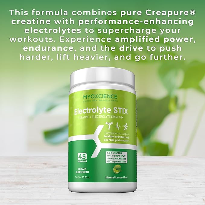 MYOXCIENCE Electrolyte STIX | Creatine Electrolyte Powder | Recovery from Exercise & Muscle Development w/Real Salt (Lemon Lime Flavor) (Jar 45 ct)