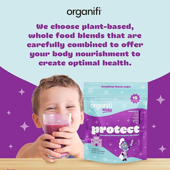 Organifi Kids: Protect - Everyday Immune Support for Kids with Elderberry, Acerola Cherry and Zinc - Berry Flavored Immunity Powder - Plant-Based, Vegan, and No Gluten, Dairy or Soy - 15 Servings