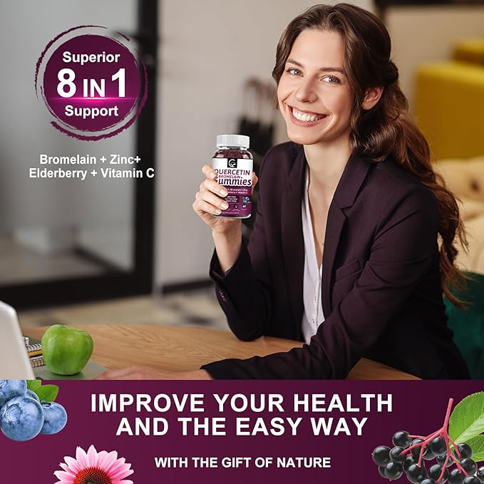 Quercetin Gummies with Bromelain 2378mg - Blend with Elderberry, Echinacea Purpurea Extract, Zinc, Vitamin C,D3,K2, Complex Supports Immune, Cardiovascular & Respiratory, Vegan Gummy for Adult & Kid