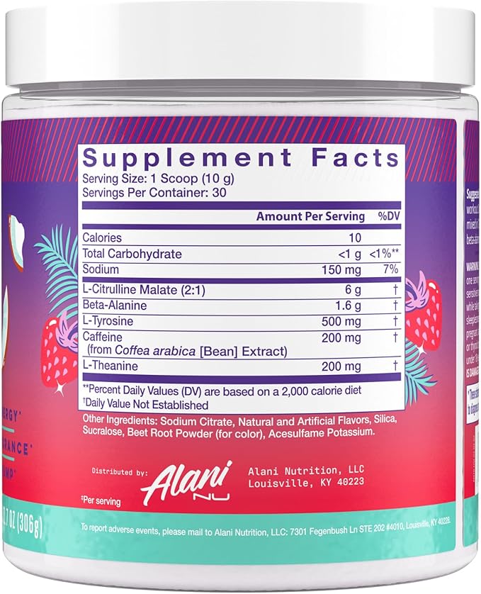 Alani Nu Pre Workout Powder Hawaiian Shaved Ice | Amino Energy Boost | Endurance Supplement | Sugar Free | 200mg Caffeine | L-Theanine, Beta-Alanine, Citrulline | 30 Servings
