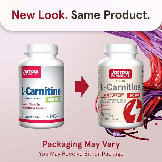 Jarrow Formulas® L-Carnitine 500 mg, Dietary Supplement, Support for Cellular Energy Production, 50 Veggie Capsules, 50 Day Supply