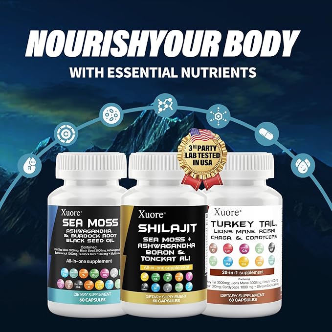 Sea Moss, Black Seed Oil, Ashwagandha, Ginger & Shilajit, Rhodiola Rosea, Panax Ginseng,Lions Mane, Turkey Tail, Reishi, Cordyceps, Chaga All in 1 Supplements (1 Pack)