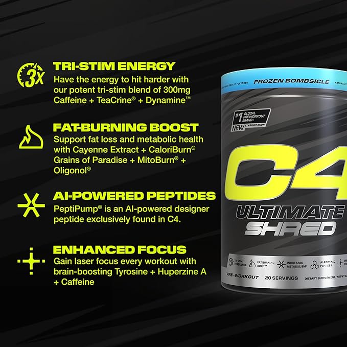 Cellucor C4 Ultimate Shred Pre Workout Powder, Metabolism Supplement with Cayenne Extract+300mg Caffeine+TeaCrine+Dynamine - Frozen Bombsicle, 20 Servings