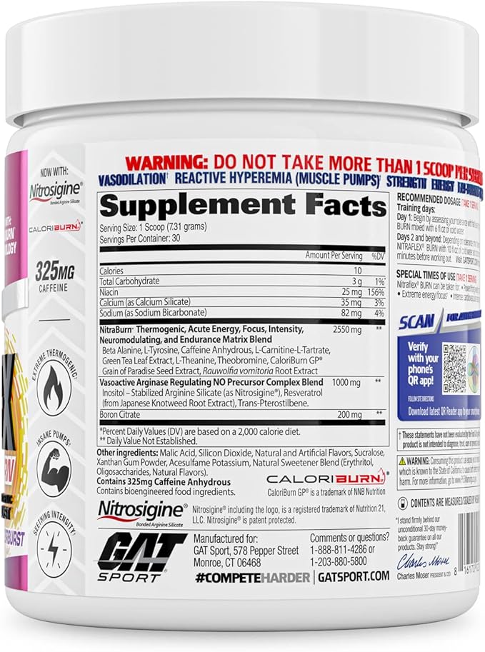 GAT SPORT NITRAFLEX Burn, Pre Workout Thermogenic Powder, Tropic Thunderburst, 30 Servings