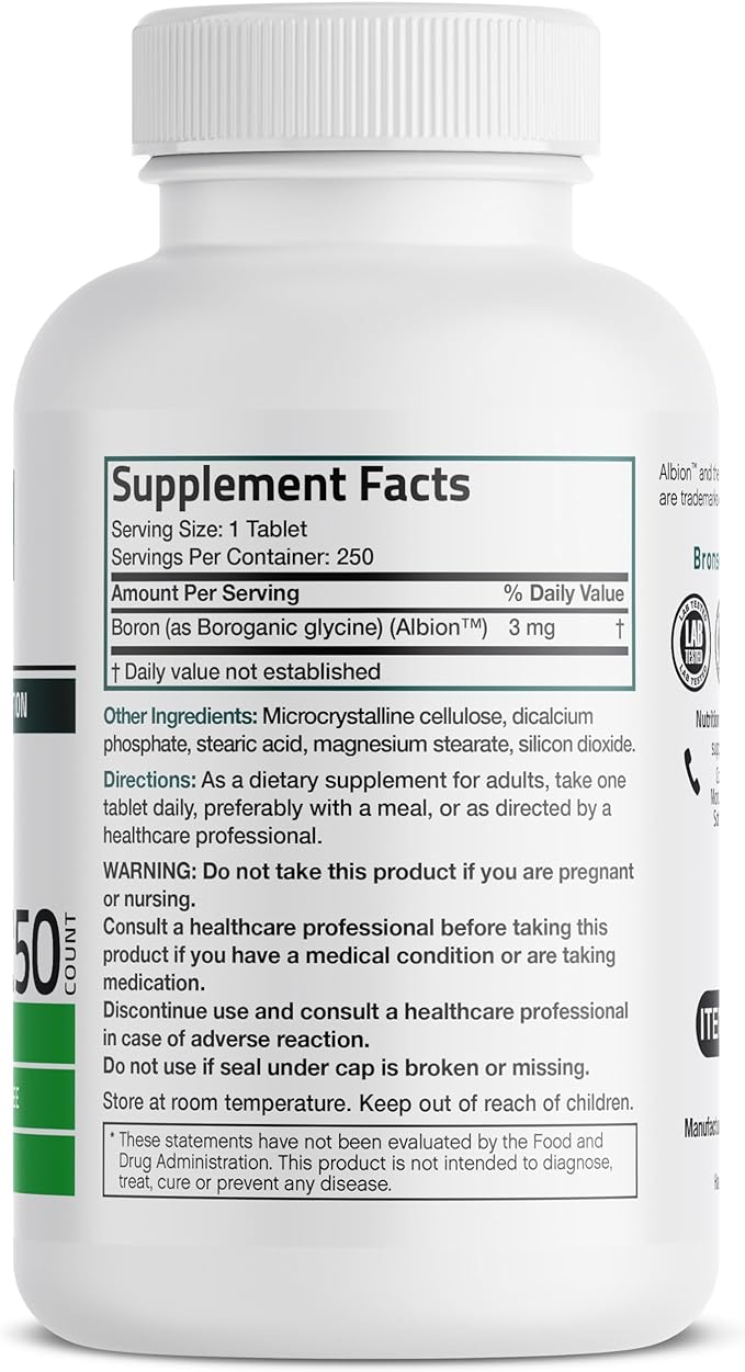 Bronson Boron 3 MG Chelated Superior Absorption Supports Bone Health Trace Mineral, Non-GMO, 250 Vegetarian Tablets