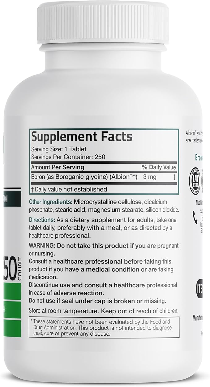 Bronson Boron 3 MG Chelated Superior Absorption Supports Bone Health Trace Mineral, Non-GMO, 250 Vegetarian Tablets