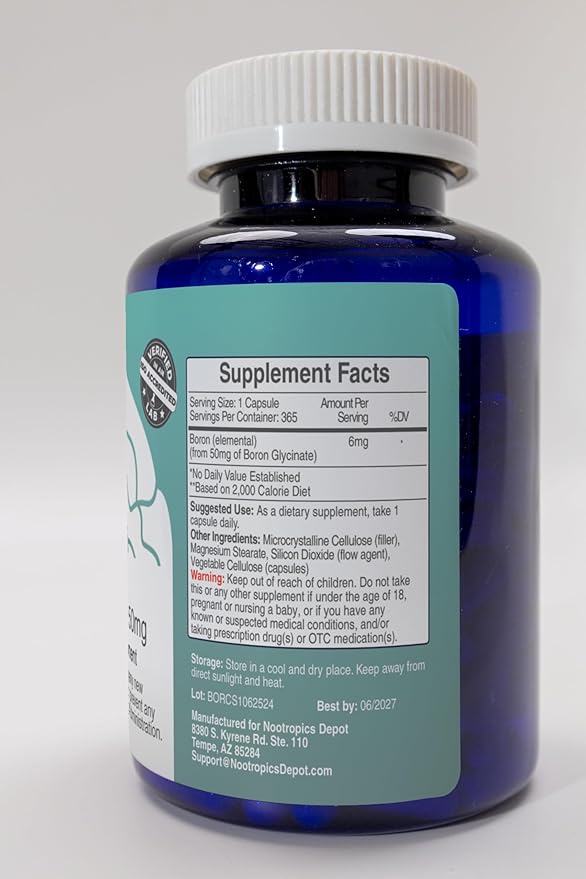 Nootropics Depot Boron Glycinate Capsules | 50mg | Delivering 6mg Elemental Boron | Testosterone, Inflammation, Immune, & Cognitive Support | 365 Count