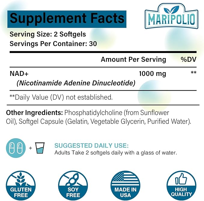 Liposomal NAD+ Supplement 1000 mg for Anti Aging and Cell Regeneration | Highest NAD Pontecy | Max Absorption | Pure NAD Supplement | Energy and DNA Repair, Aging Defense, Brain Function 60 Softgels
