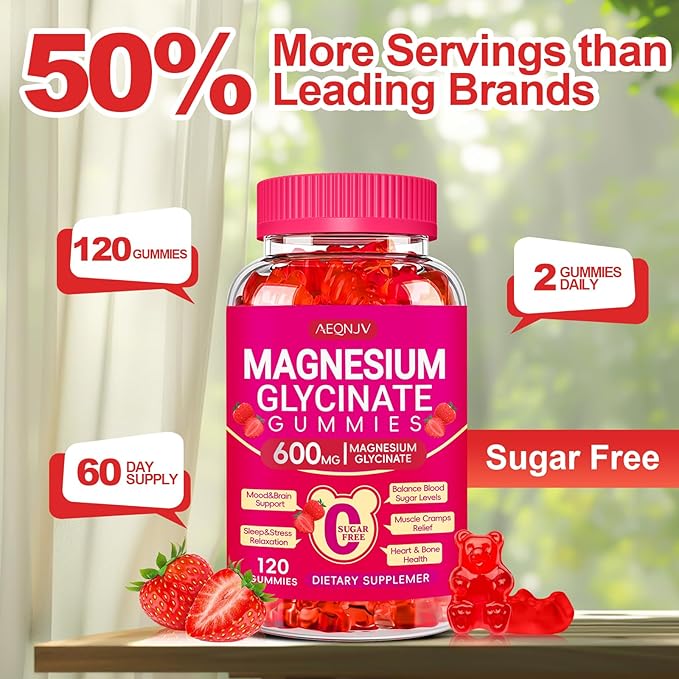 Magnesium Glycinate Gummies 600mg, Chewable Sugar Free Potassium Magnesium Gummies with Magnesium Glycinate, Vitamin D, B6 and CoQ10 for Sleep, Relaxation, Brain and Muscle, 60 Days Supply